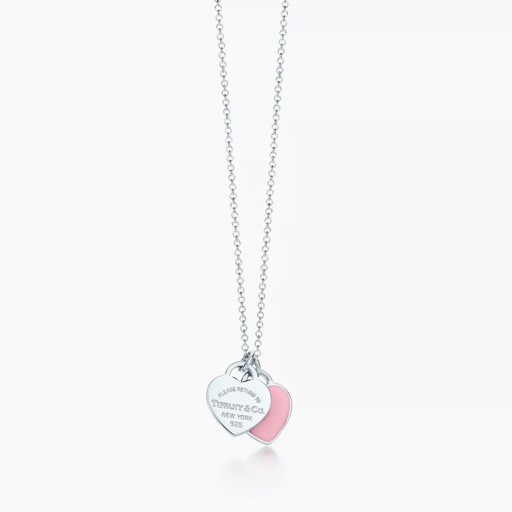 Pink double heart tag pendant necklace in sliver